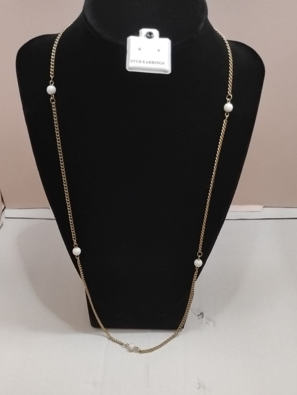 Gold Long Chain Necklace with White Beads - Women's Jewelry